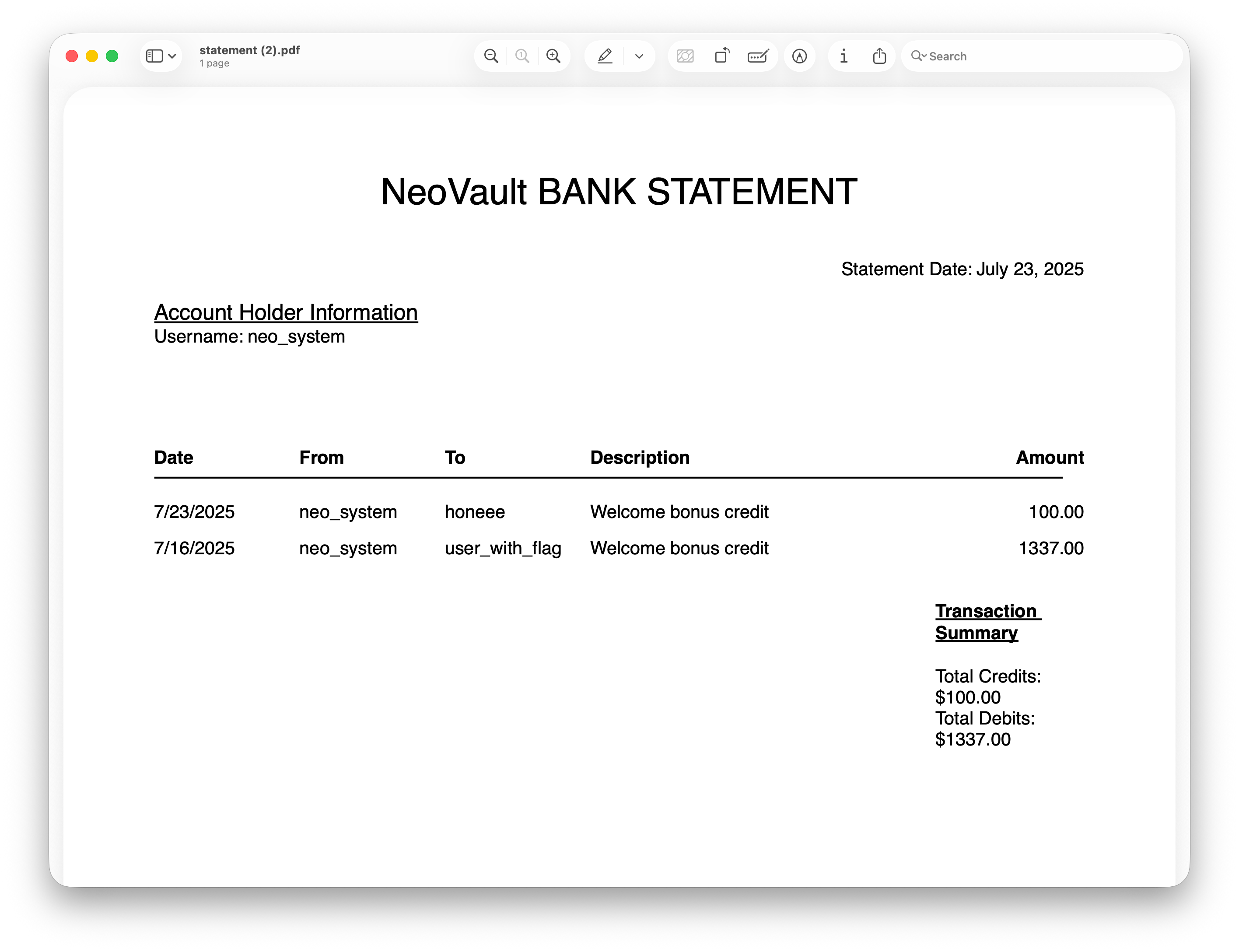 NeoVault BANK STATEMENT